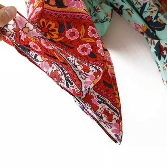 Colorful Red Mint Peacock Floral Bohemian Boho Duster Wrap Kimono Coverup Robe - Picture 9 of 11